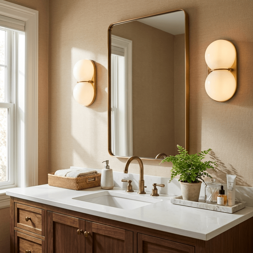 A pair of Clérachic glass sconces glowing warm cream either side of a brass-framed mirror above a walnut vanity with a fern.
