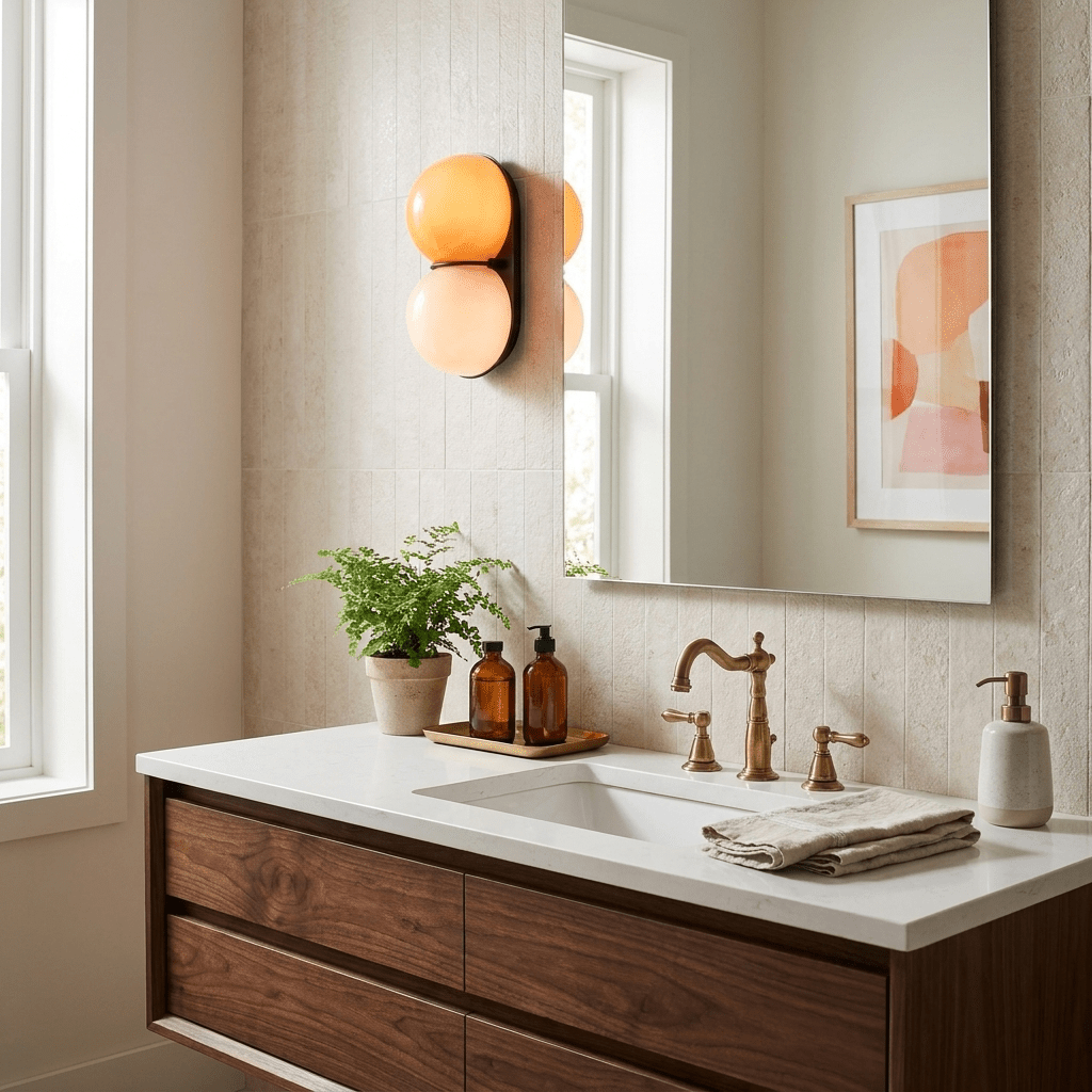 Orange-glowing upper globe on a Clérachic stacked-globe sconce beside a bathroom mirror, above a white basin and walnut cabinet.