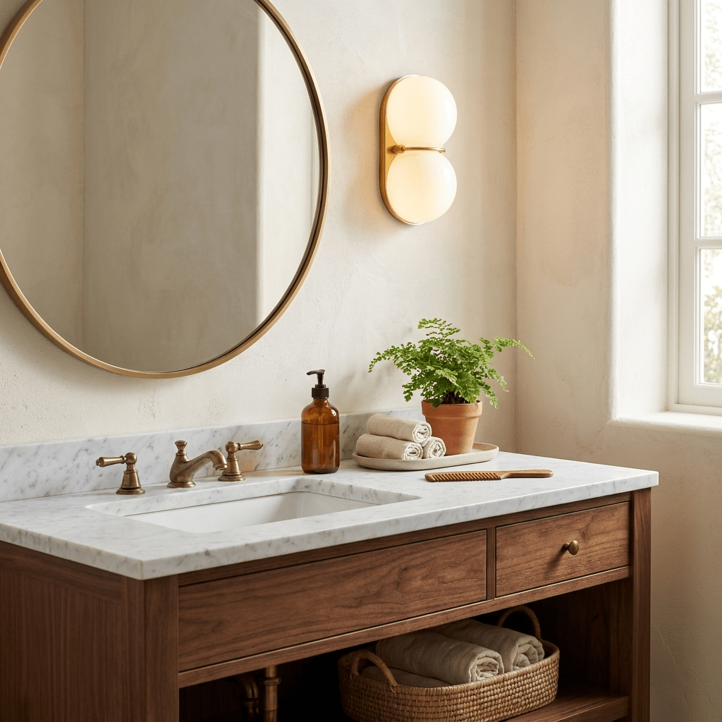 Above a marble-topped walnut vanity and round mirror, this Clérachic two-globe wall light gives off a soft cream glow.