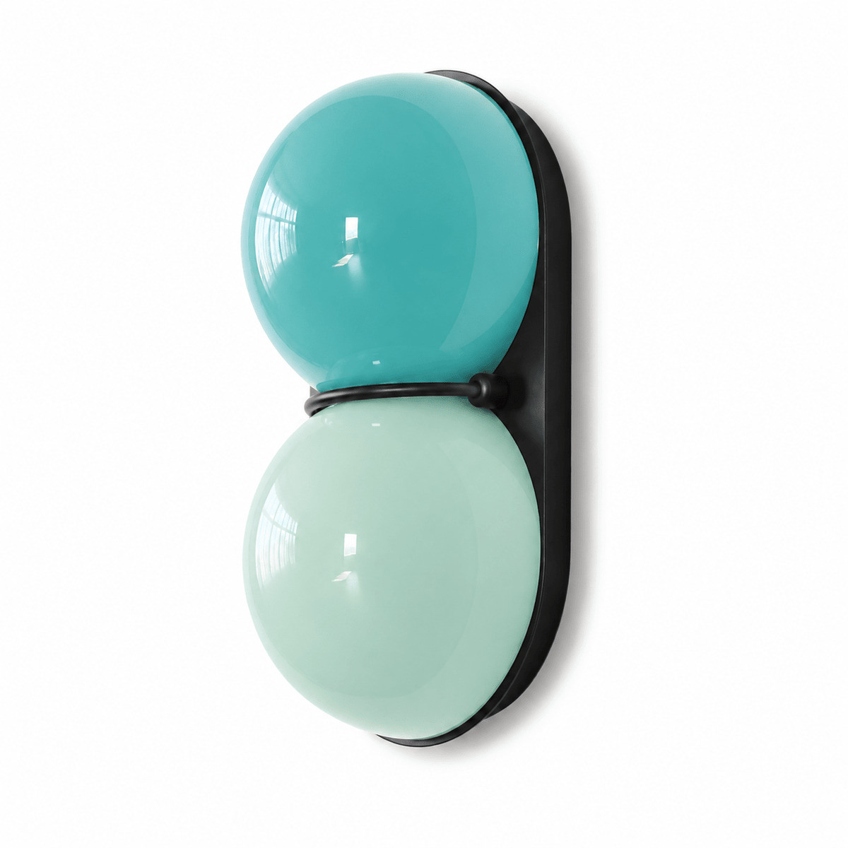 Three-quarter view of a Clérachic sconce with a turquoise globe over a pale mint one, mounted on a black oval backplate.