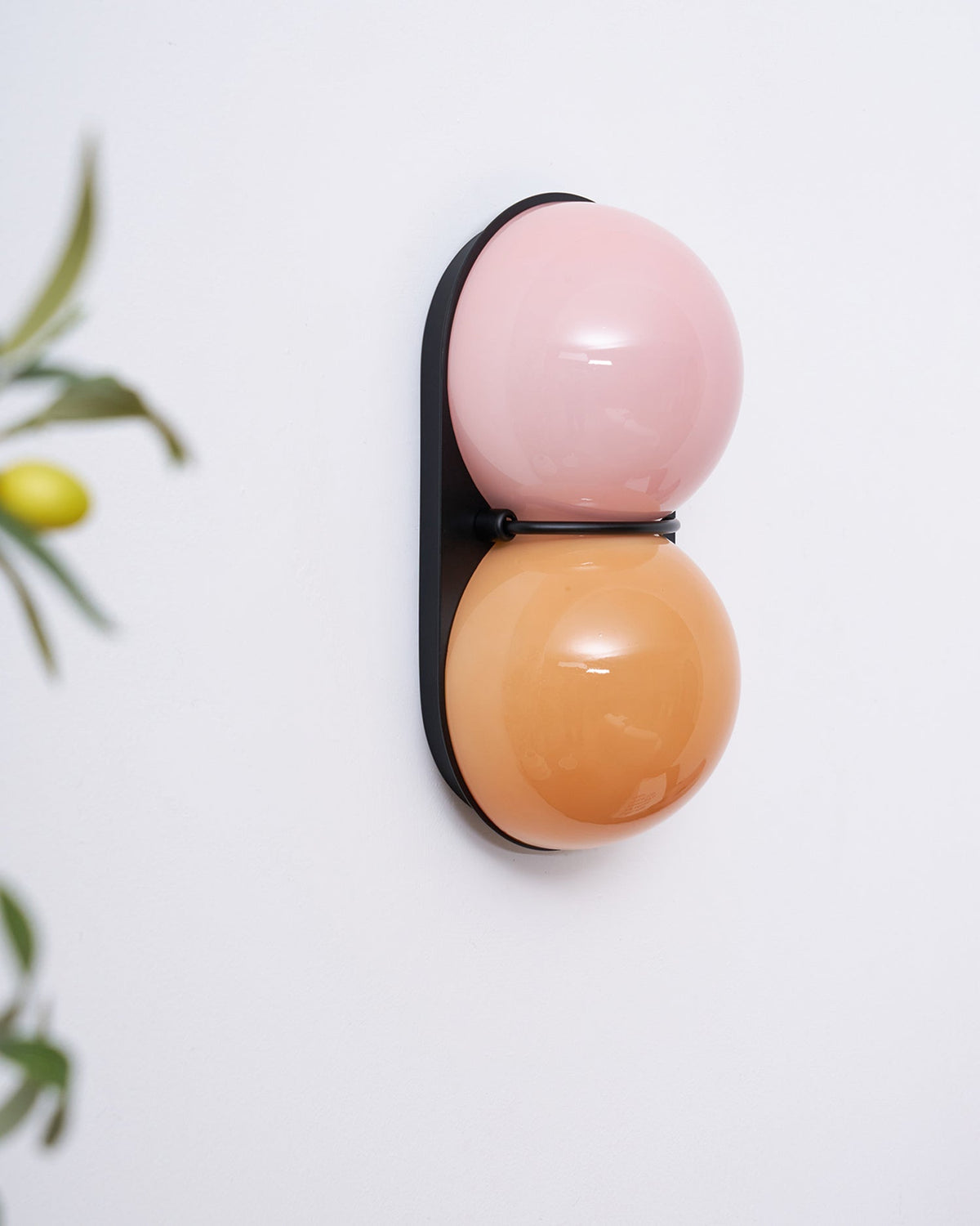Pink over peach-orange globes on a black plate, this Clérachic wall light sits beside blurred leaves on a pale wall.