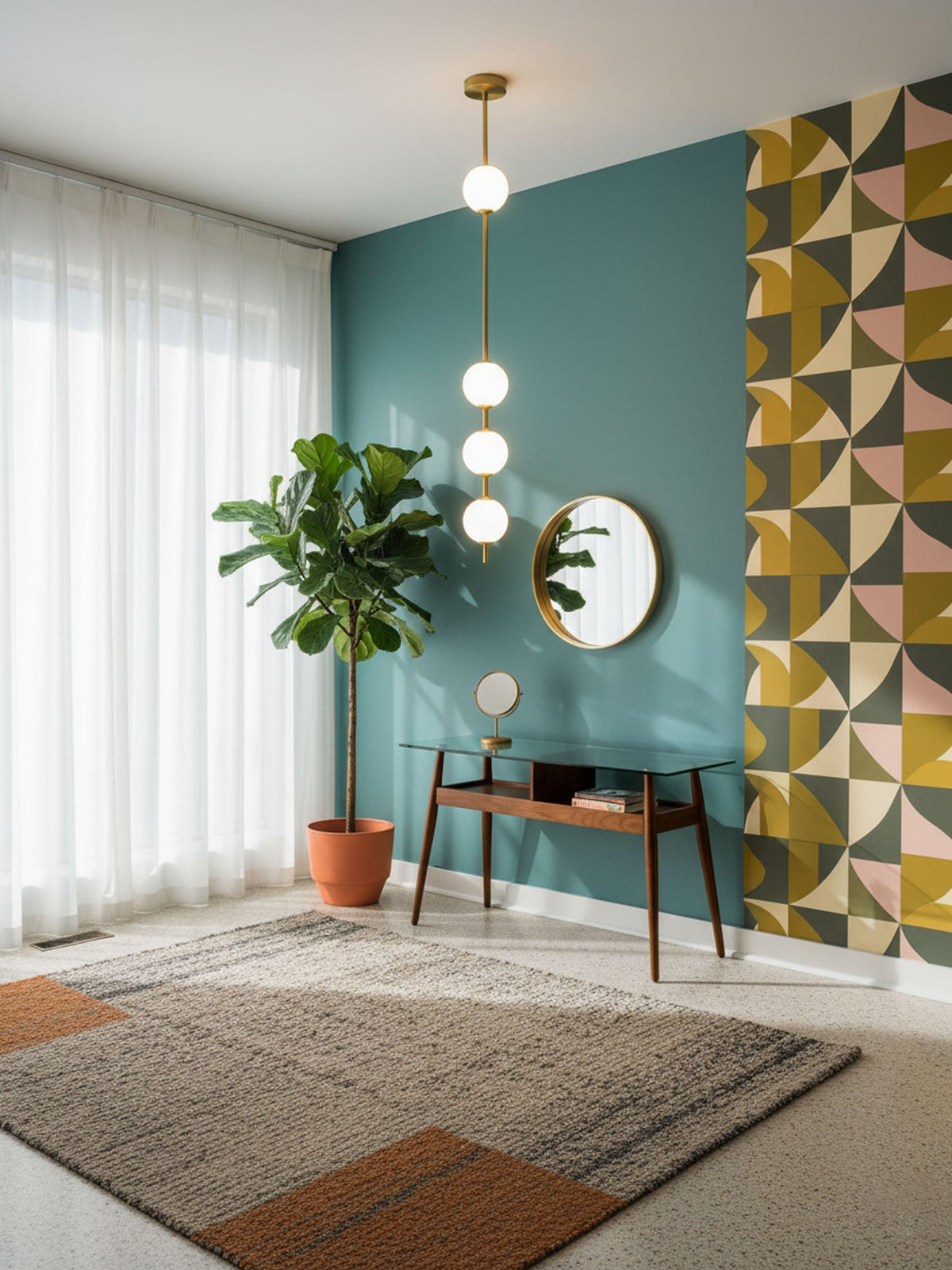 Four-globe Clérachic pendant in a hallway with a teal feature wall, a geometric wallpaper panel, a round mirror and a console table.