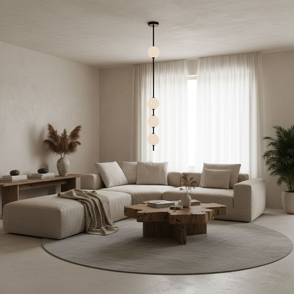 A black-column Clérachic pendant with four globes hung in a cream living room, with sheer curtains, a modular sofa and a round wooden coffee table.