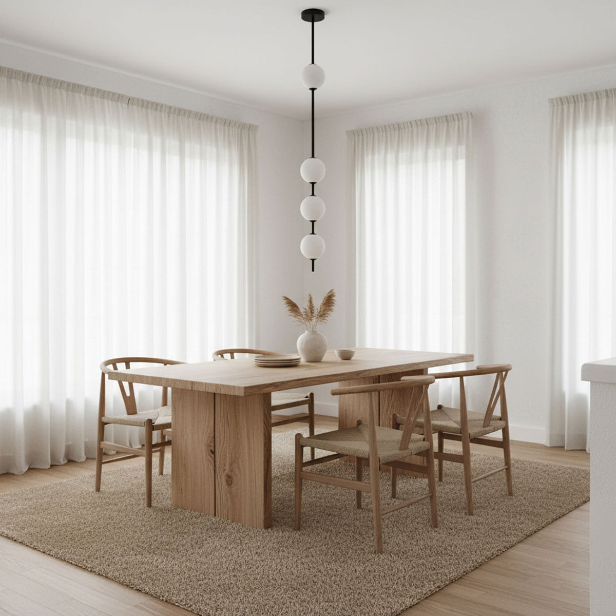 Black-column Clérachic pendant with four opal globes in a bright dining room with a pale wooden table and woven wishbone chairs.