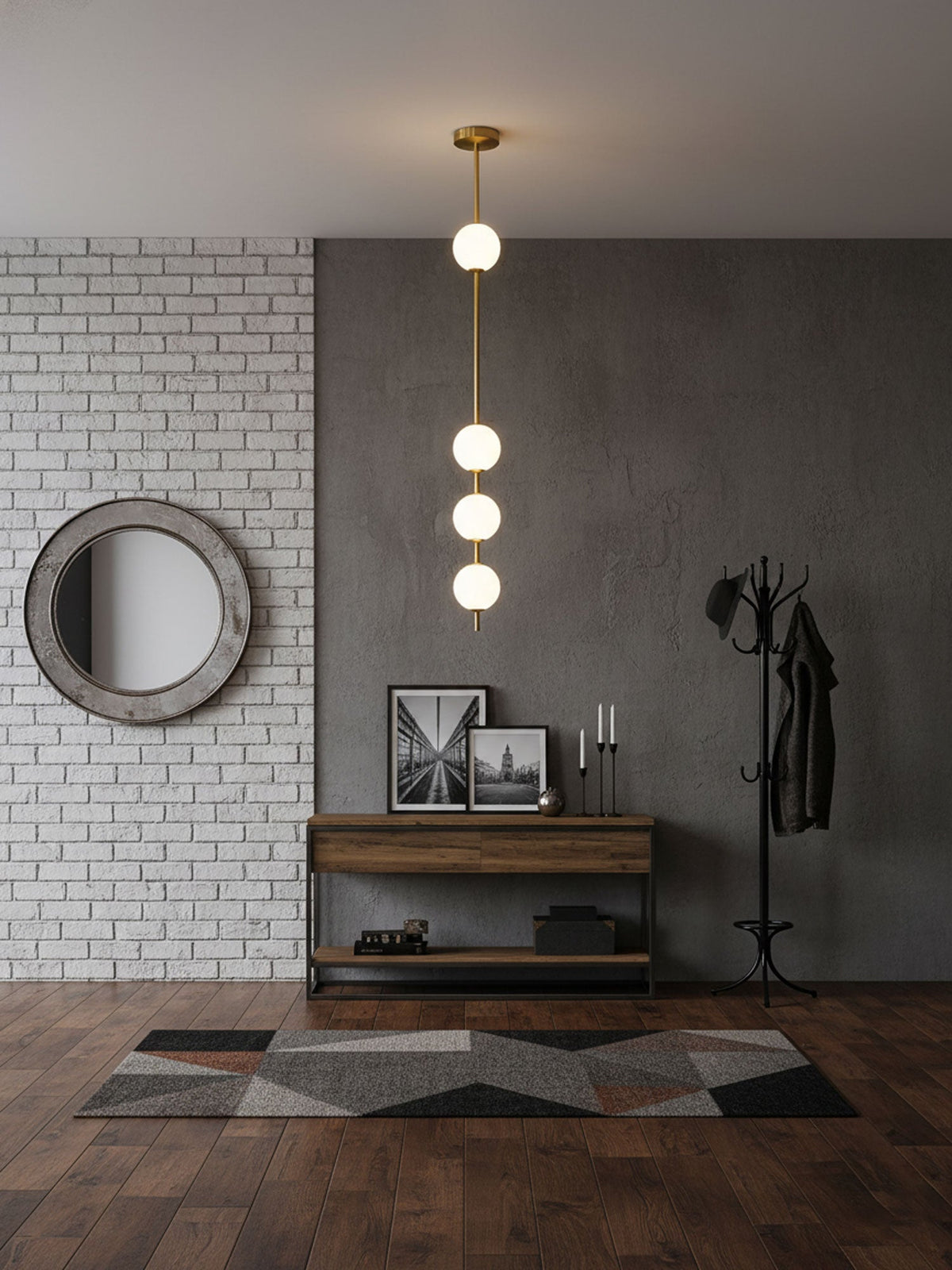 Four-globe Clérachic pendant in a hallway with a white brick wall, a concrete-look panel, a round mirror and a black coat stand.