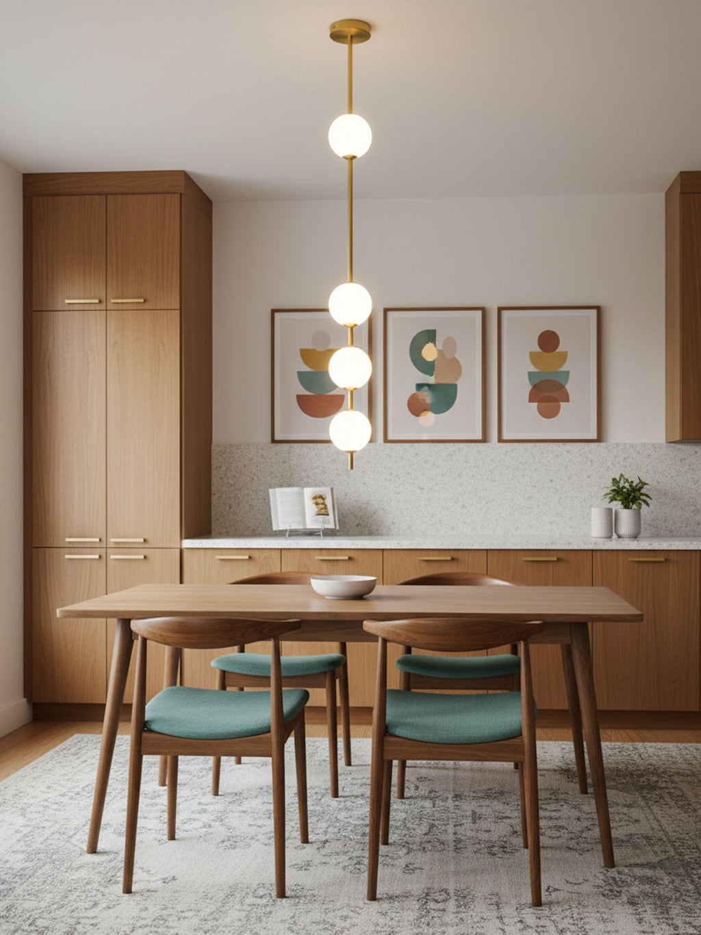 Brass-column Clérachic pendant with four globes in a kitchen, in front of three framed prints above a wooden dining table and teal chairs.
