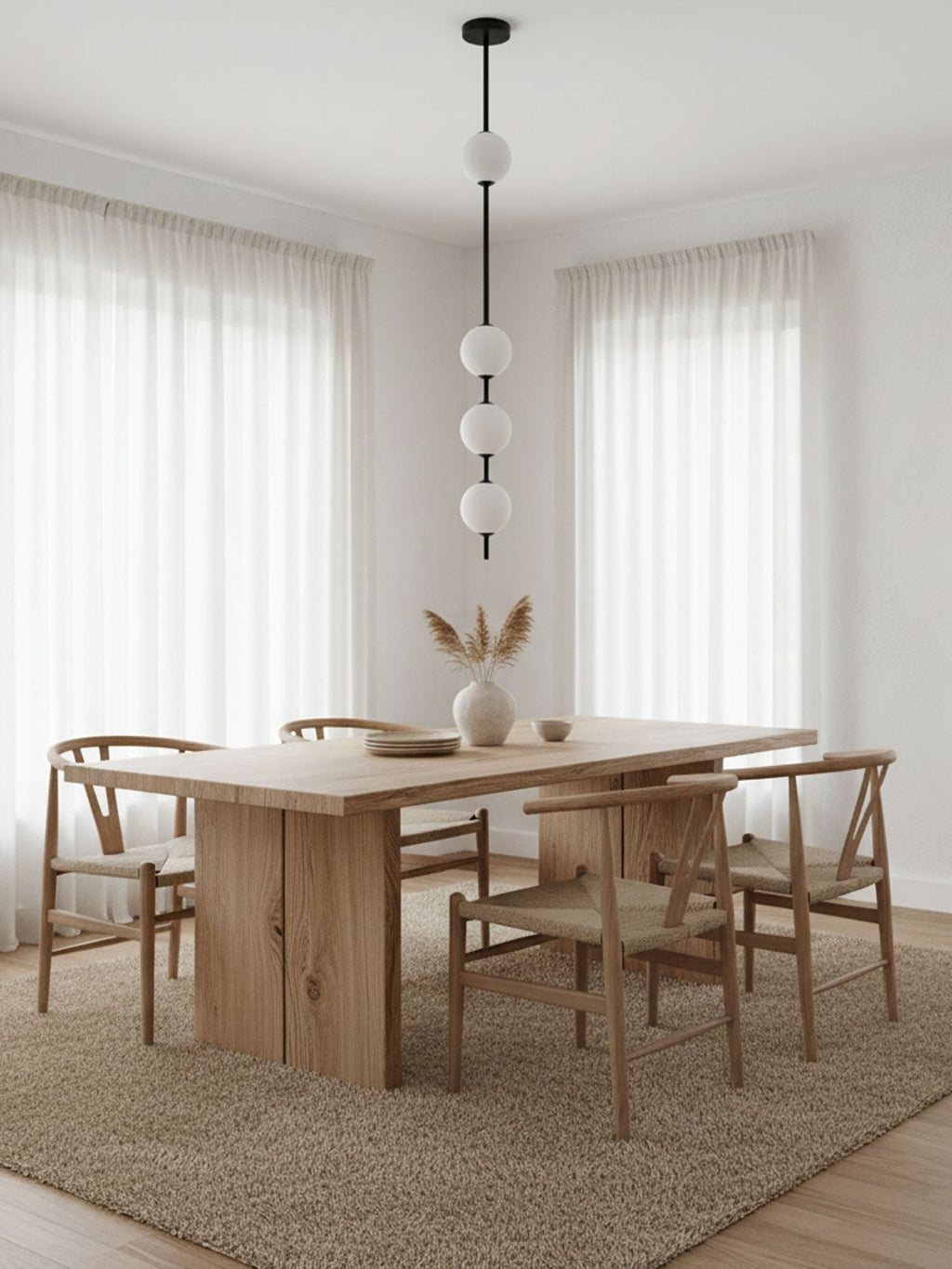 Clérachic pendant with a black column and four soft white globes in a dining room, with sheer curtains and a wooden table below.
