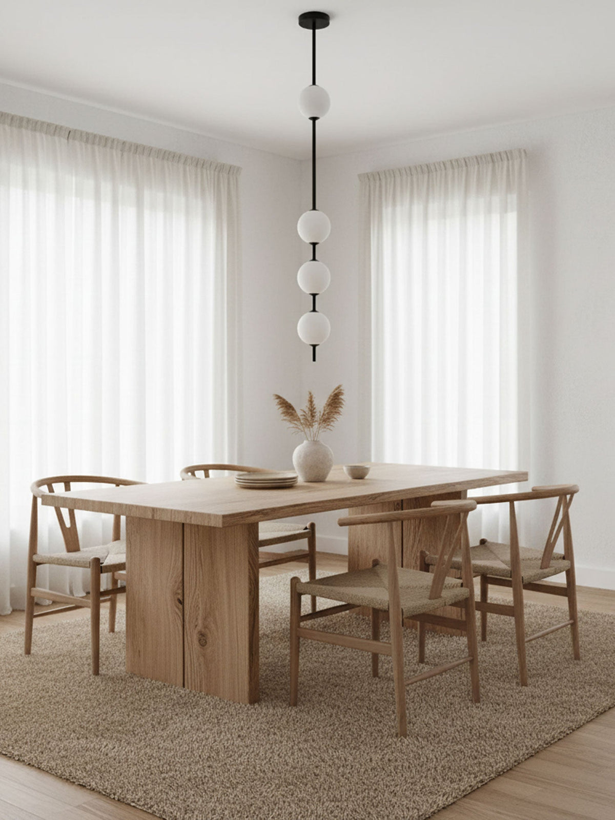Clérachic pendant with a black column and four soft white globes in a dining room, with sheer curtains and a wooden table below.