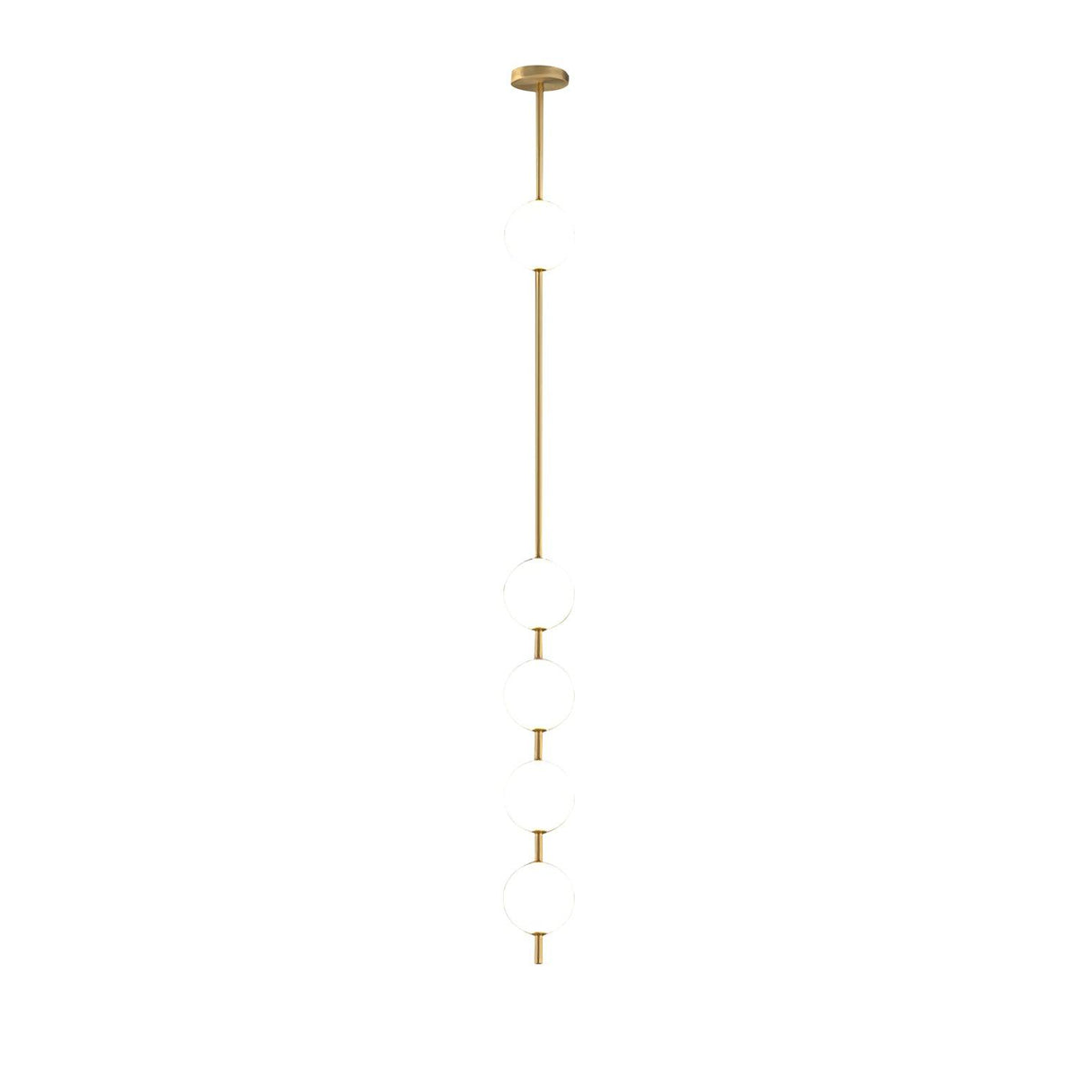 Clérachic brass-column pendant with four white globes on a plain white backdrop, shown small and tall, with the globes spaced down the lower half.