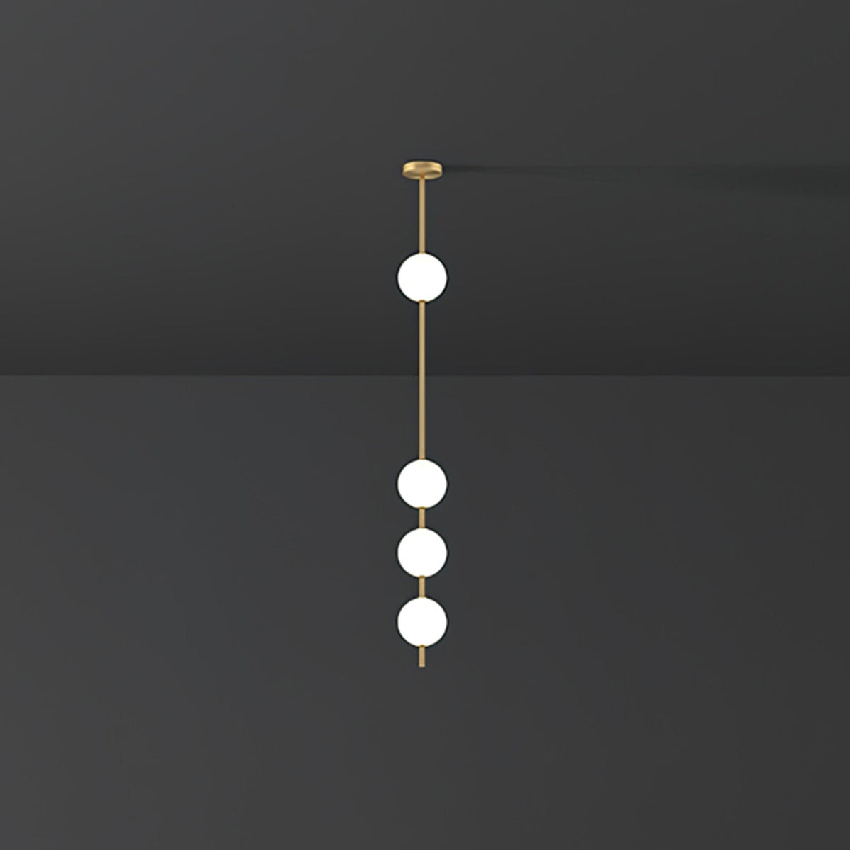Four lit opal globes on a brass column, a Clérachic pendant hung from a small brass plate against a dark grey wall.