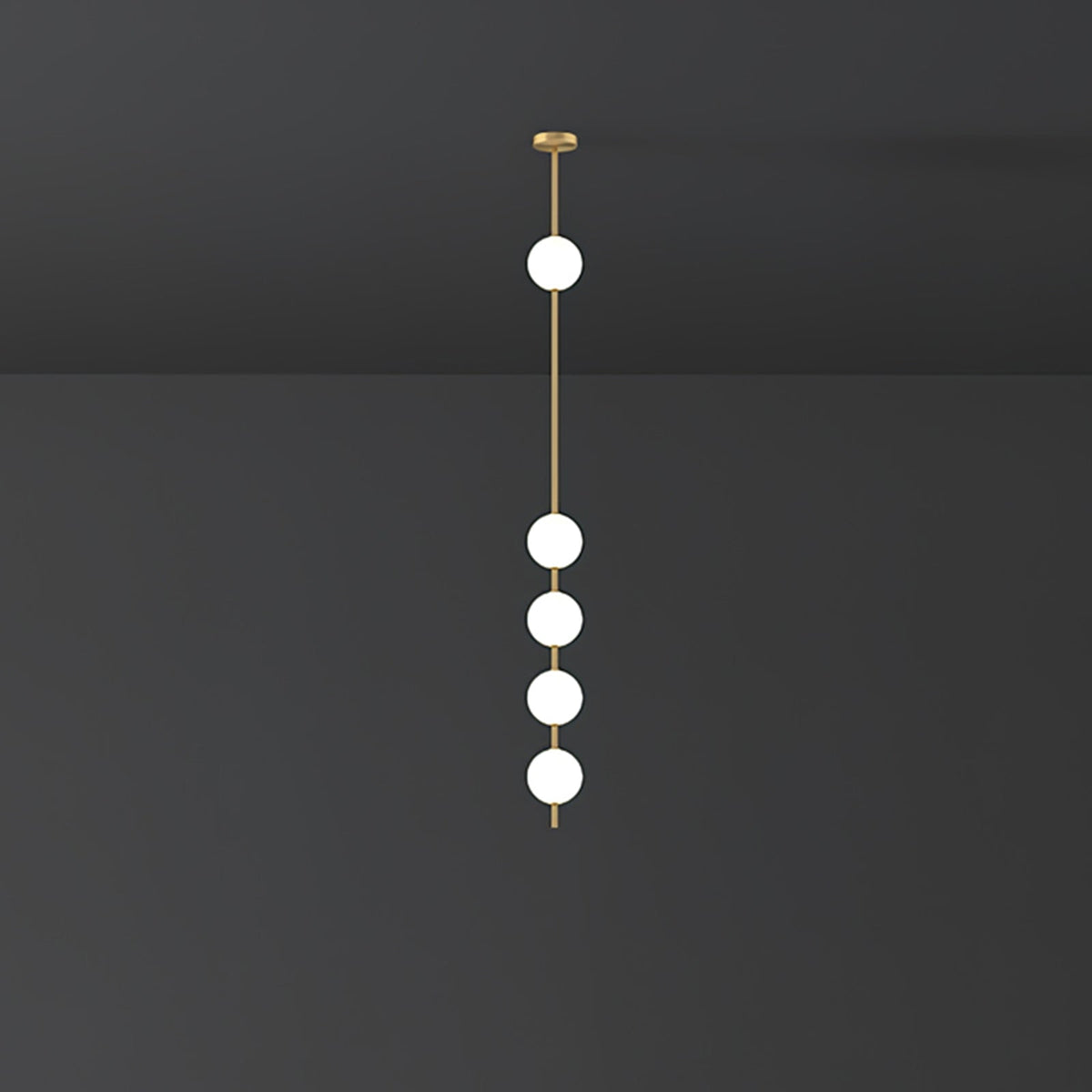 Clérachic brass-column pendant with five lit globes, larger in the frame, against a charcoal wall.