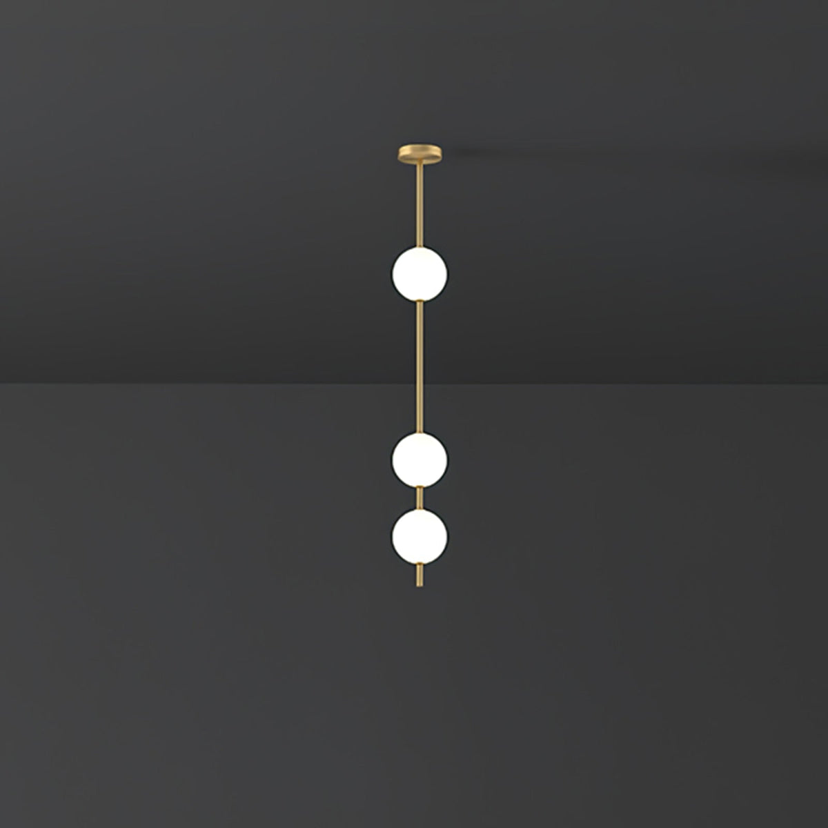 Three bright opal globes spaced along a brass rod, a short Clérachic pendant against a dark grey wall and ceiling.