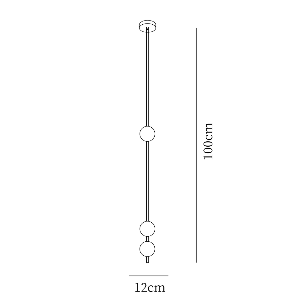 Clérachic pendant light dimension drawing, 1 of 3, every measurement marked in centimetres and inches.