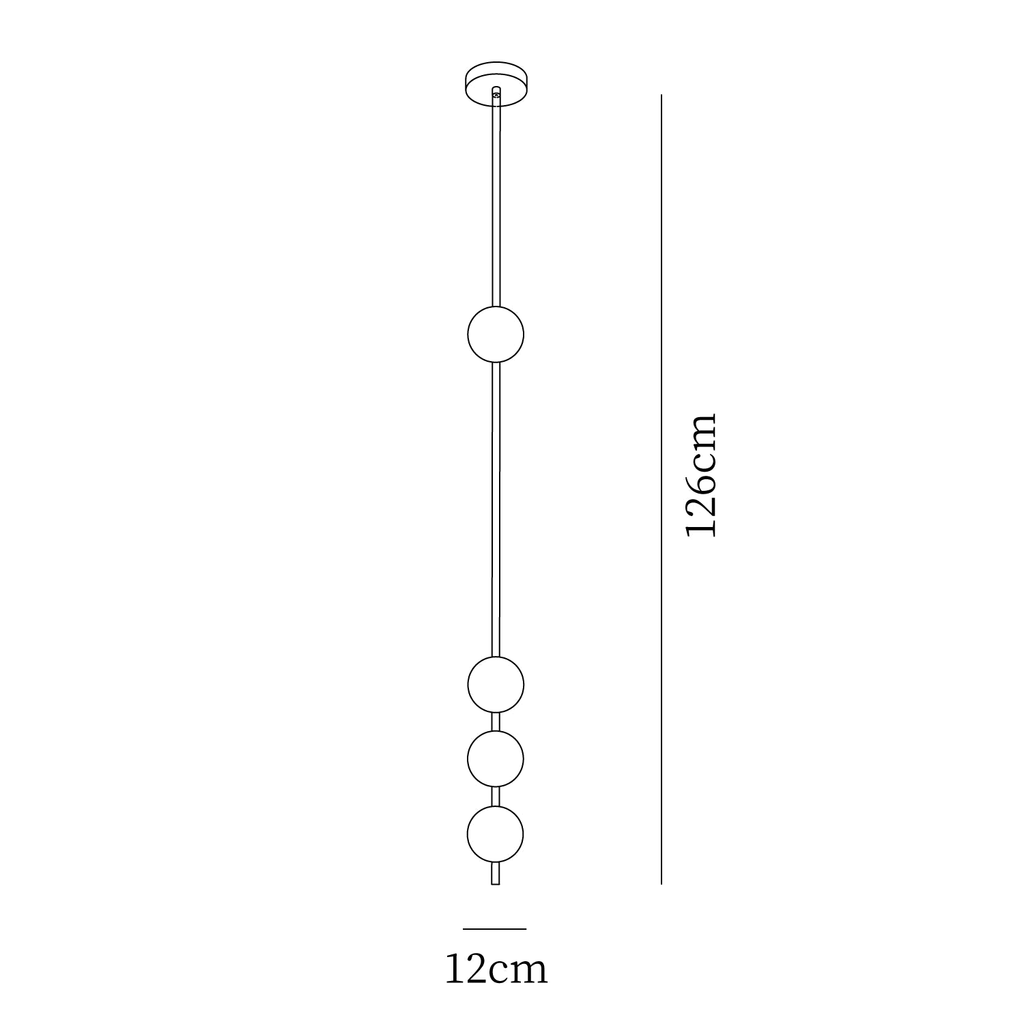 Clérachic pendant light dimension drawing, 2 of 3, every measurement marked in centimetres and inches.