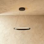 A matte black single-ring pendant by Clérachic glows softly, suspended just below a stone-textured ceiling.