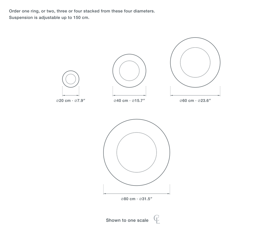 Technical dimension drawing of the Clérachic Stacked Ring Chandelier for Dining Table, 20 to 80 cm in all 4 sizes — 20 cm (7.9″) across, 40 cm (15.7″) across, 60 cm (23.6″) across, 80 cm (31.5″) across, drawn to one scale.