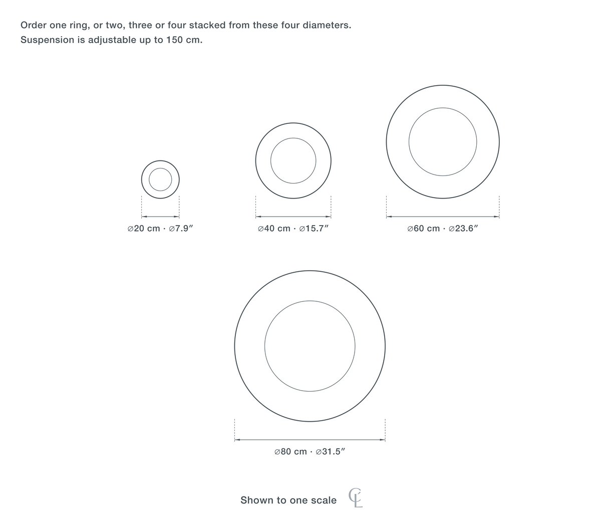 Technical dimension drawing of the Clérachic Stacked Ring Chandelier for Dining Table, 20 to 80 cm in all 4 sizes — 20 cm (7.9″) across, 40 cm (15.7″) across, 60 cm (23.6″) across, 80 cm (31.5″) across, drawn to one scale.