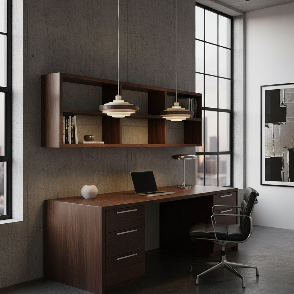 Two Clérachic stacked ring pendants hang above a walnut desk and wall shelves, with tall steel-framed windows behind.