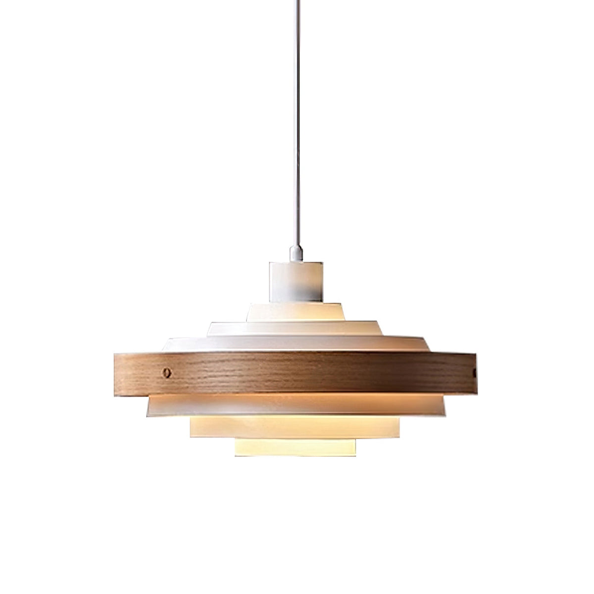 White and oak stacked ring pendant from Clérachic, a pale wood band around white tiers, on a plain white backdrop.