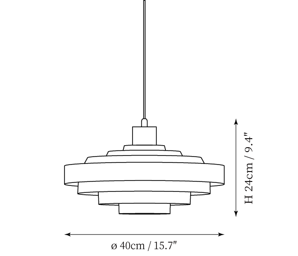 Clérachic pendant light dimension drawing, every measurement marked in centimetres and inches.