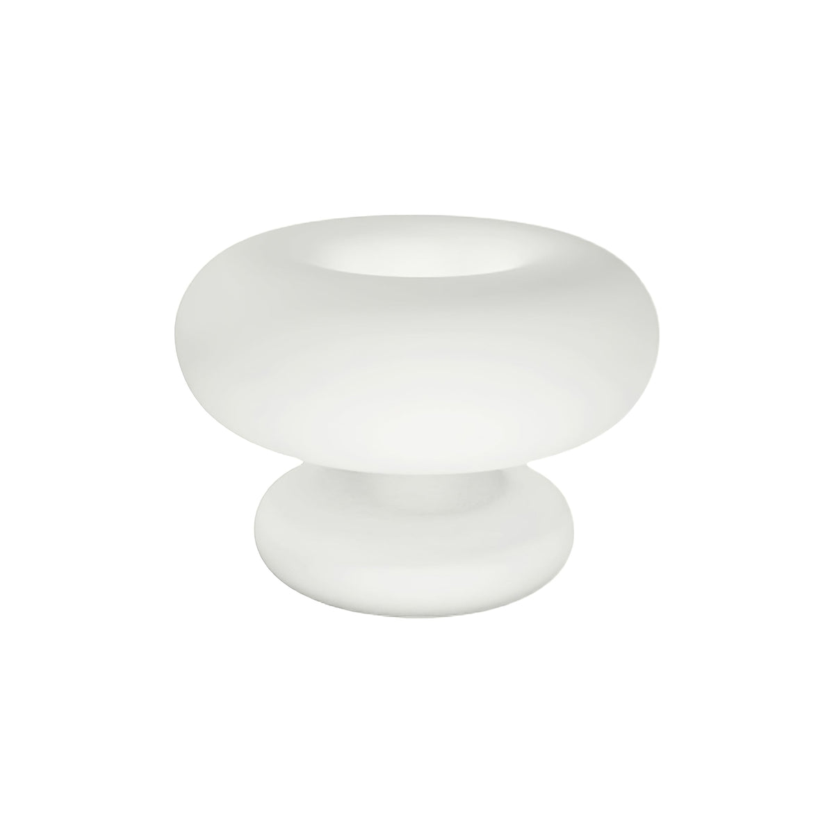 Matt white frosted glass Clérachic donut lamp on a white background, shot from slightly above with its open ring top in view.