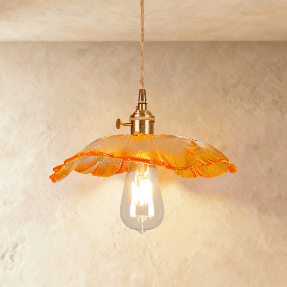 Clérachic shallow orange glass pendant with a bright frilled edge, gold-toned holder and a lit teardrop bulb on twisted cord.