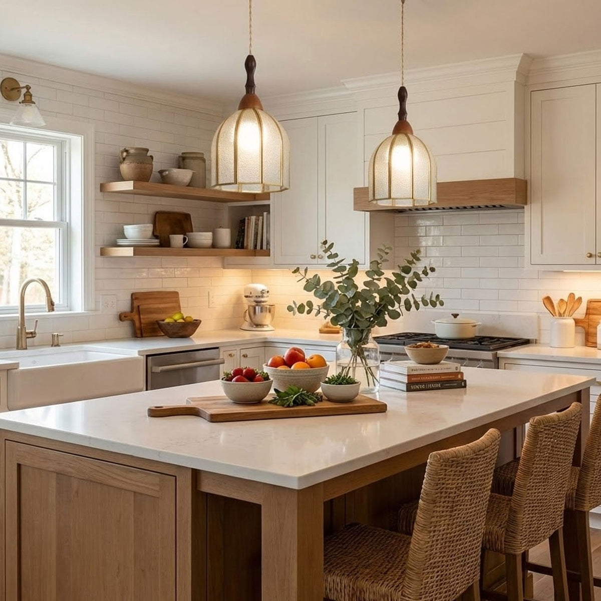 Two Clérachic pendants with frosted glass domes and brass ribs hanging over a white kitchen island with woven stools and a bowl of fruit.