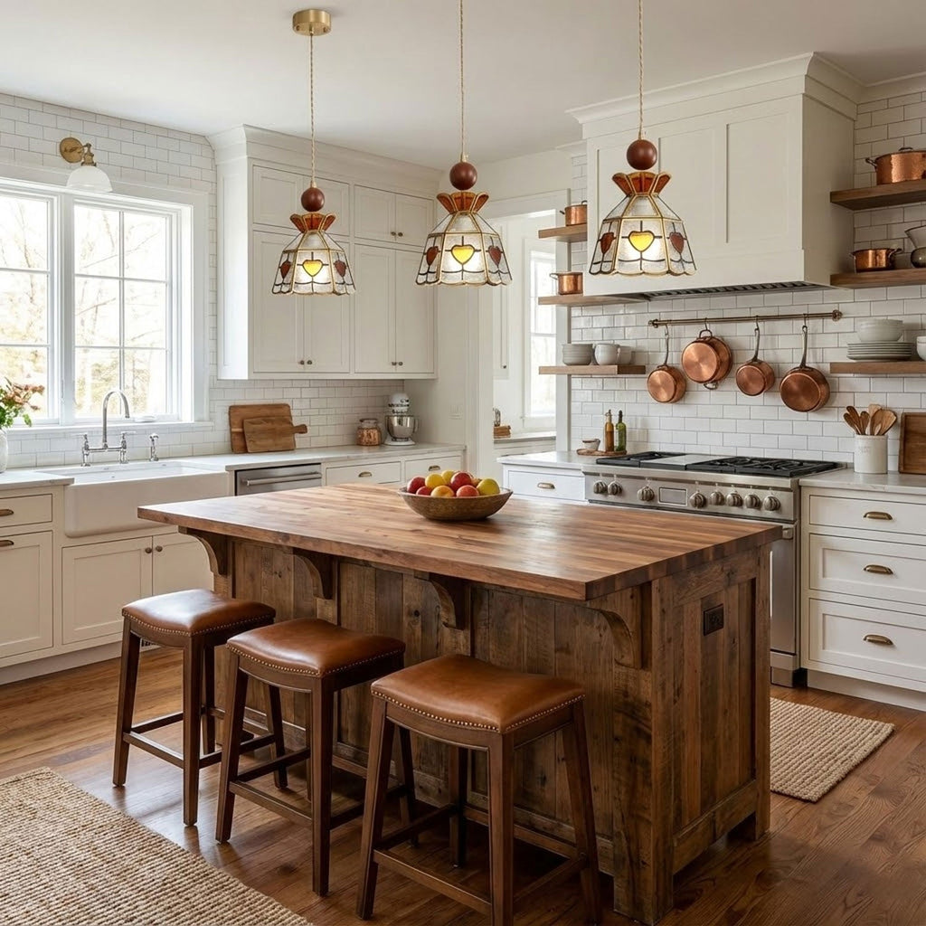 Three Clérachic heart-panel stained glass pendants over a rustic wooden kitchen island with leather stools and copper pans behind.