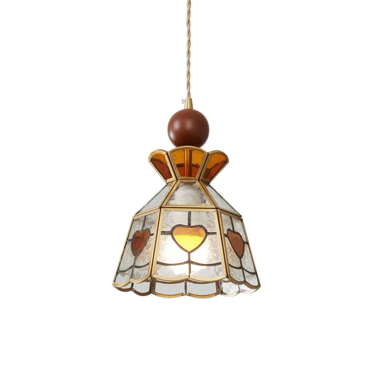 Clérachic stained glass pendant with brass-edged clear panels, amber hearts and a wooden ball finial, lit on a white backdrop.