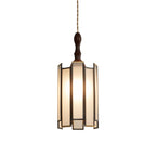 Clérachic pendant with a slim frosted glass shade held in a dark metal frame, a turned wooden finial and a twisted cord, on white.