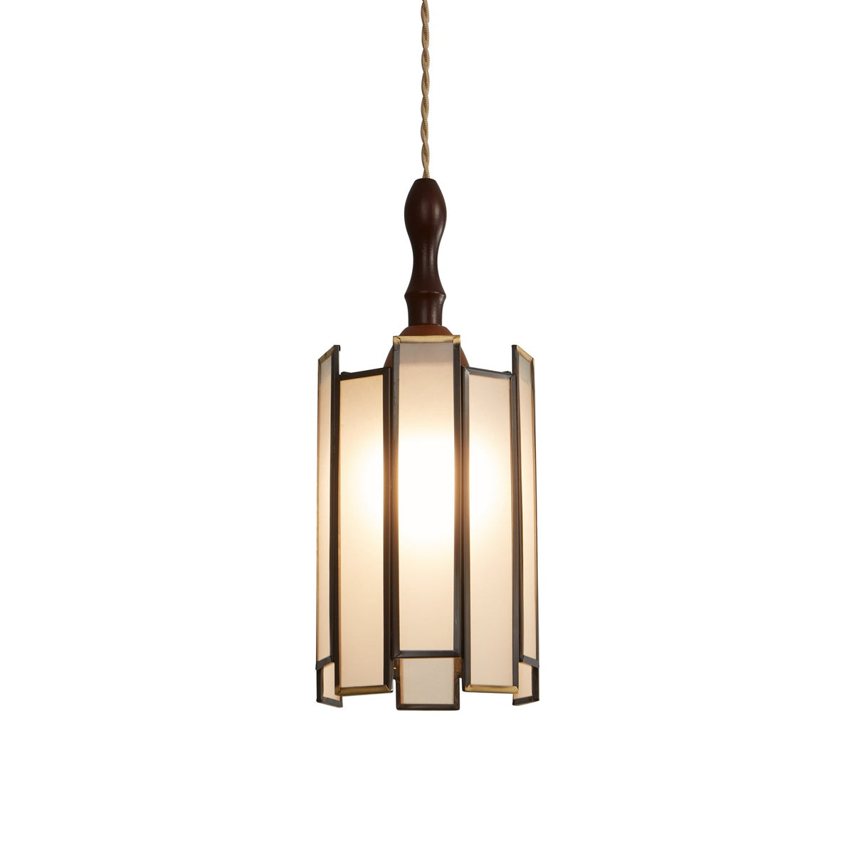 Clérachic pendant with a slim frosted glass shade held in a dark metal frame, a turned wooden finial and a twisted cord, on white.