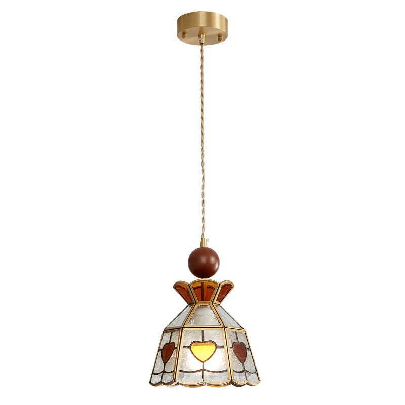 Clérachic heart-panel pendant on a long cord from a brass ceiling canopy, with amber hearts lit, on white.