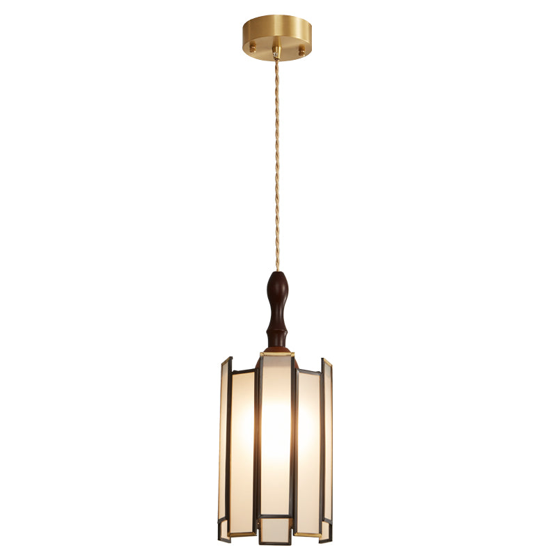 Clérachic frosted-panel pendant on a twisted cord from a brass canopy, with its dark frame and brass edges on white.
