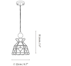 Clérachic pendant light dimension drawing, 1 of 2, every measurement marked in centimetres and inches.