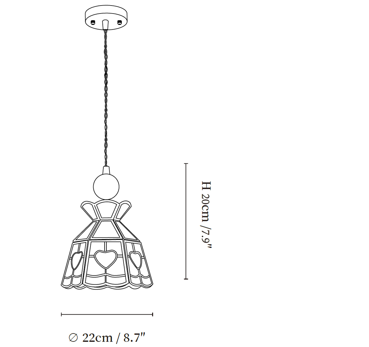 Clérachic pendant light dimension drawing, 1 of 2, every measurement marked in centimetres and inches.