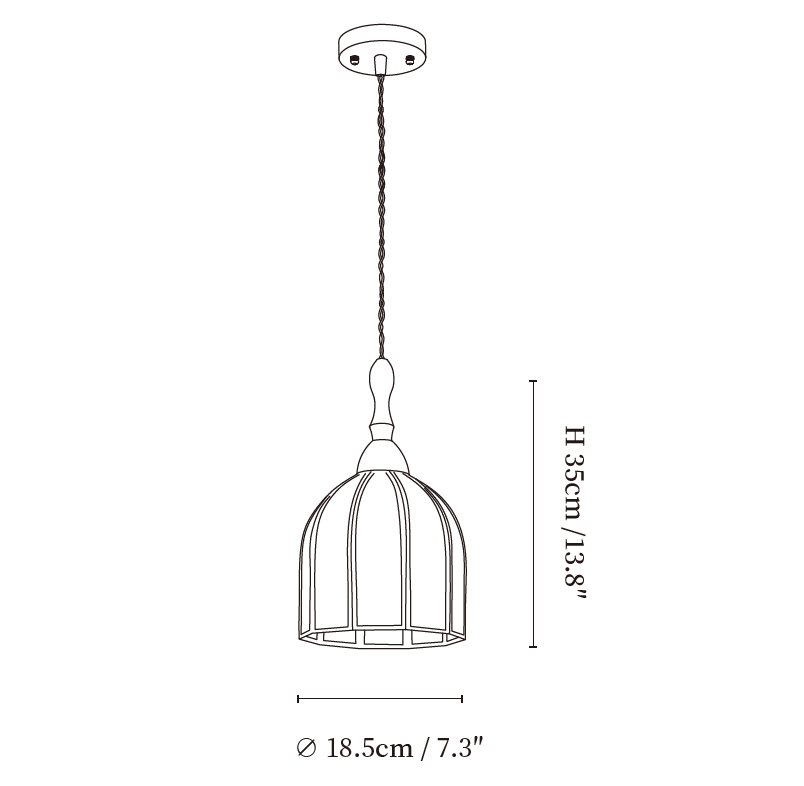 Clérachic pendant light dimension drawing, 2 of 2, every measurement marked in centimetres and inches.