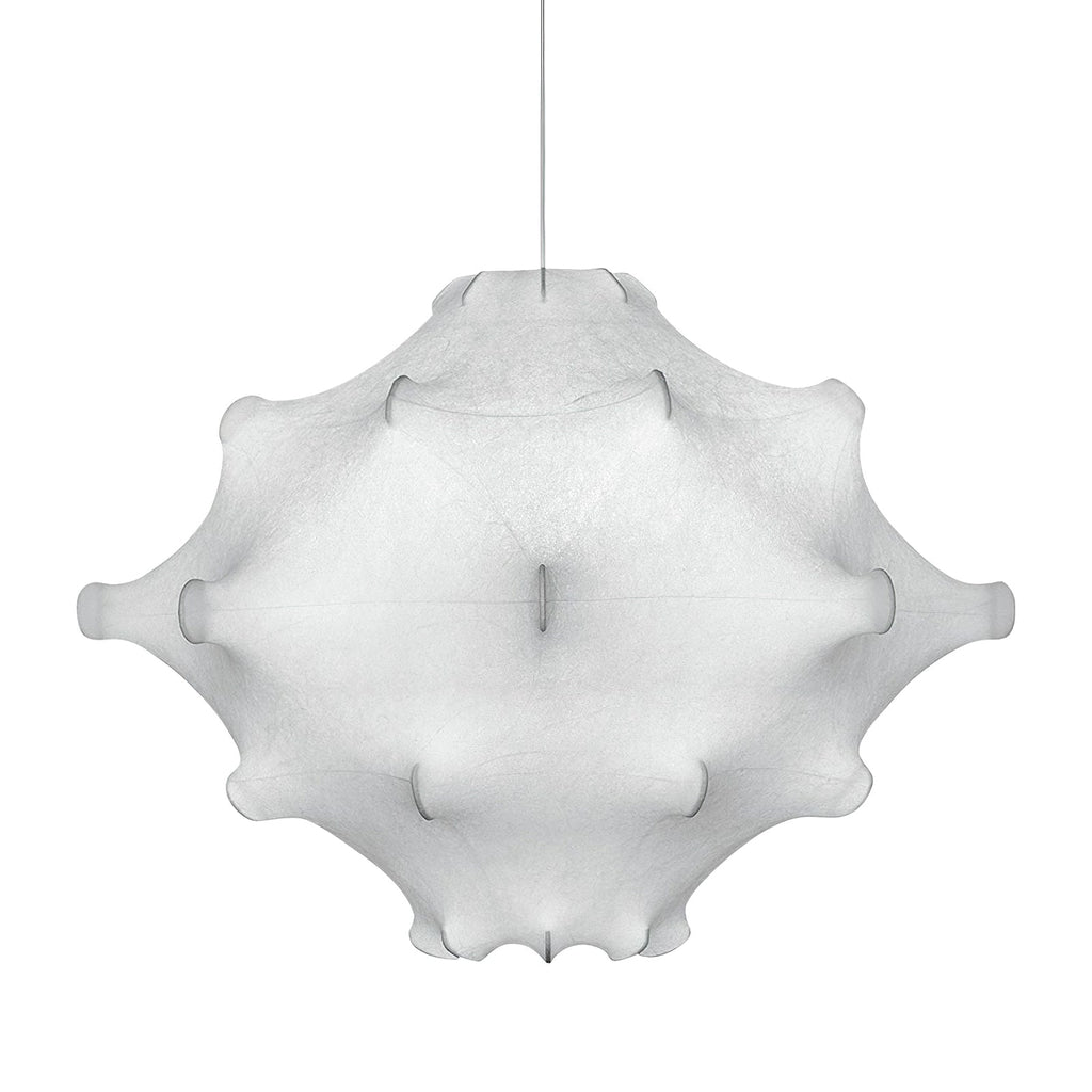 A larger view of the white Clérachic pendant, its raised seams and rounded points clear on a white backdrop.