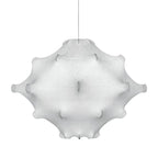 A larger view of the white Clérachic pendant, its raised seams and rounded points clear on a white backdrop.