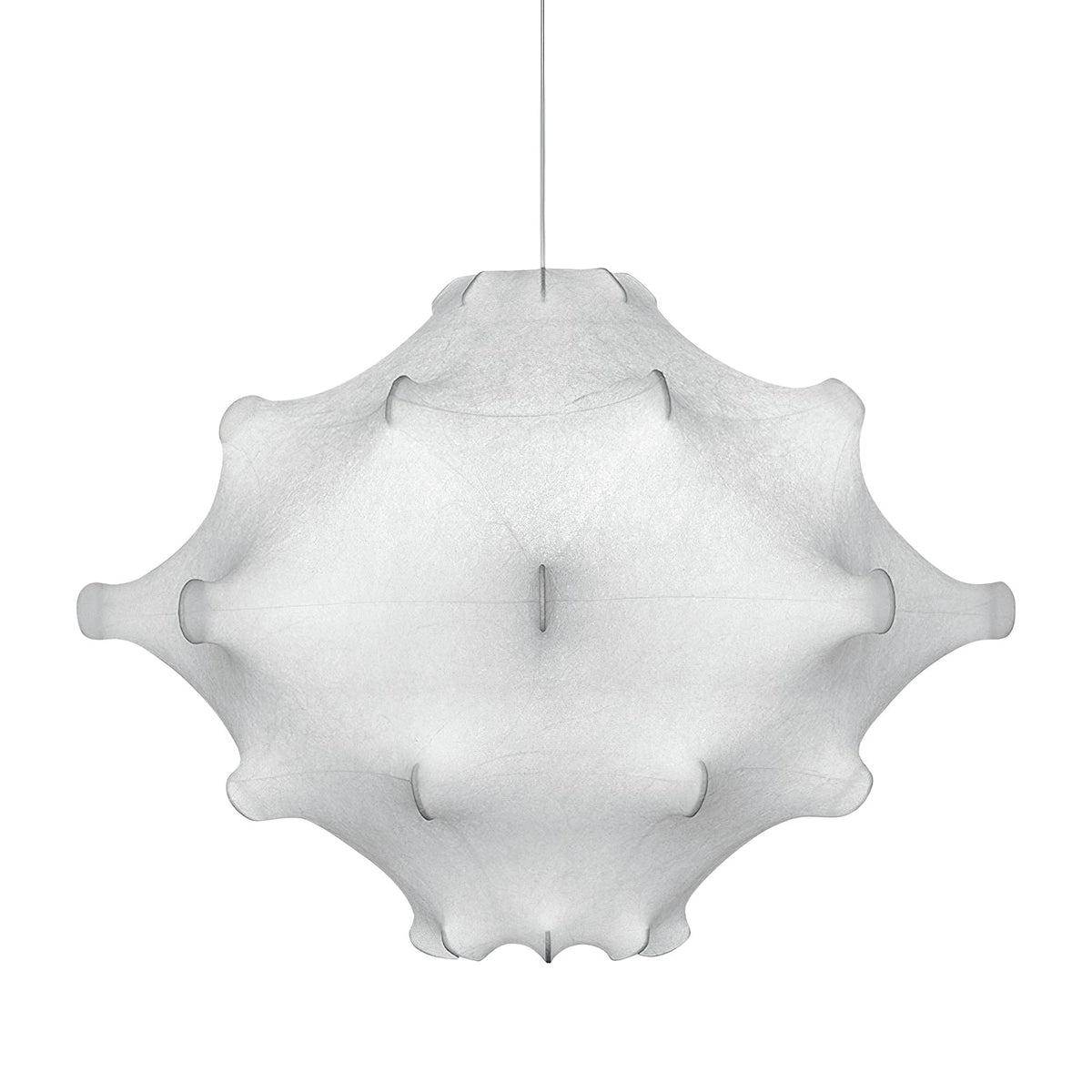 A larger view of the white Clérachic pendant, its raised seams and rounded points clear on a white backdrop.