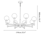 Clérachic chandelier dimension drawing, every measurement marked in centimetres and inches.