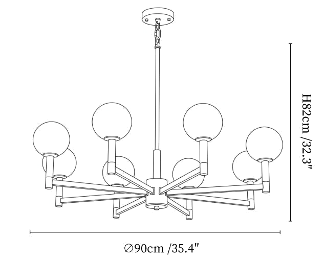 Clérachic chandelier dimension drawing, every measurement marked in centimetres and inches.