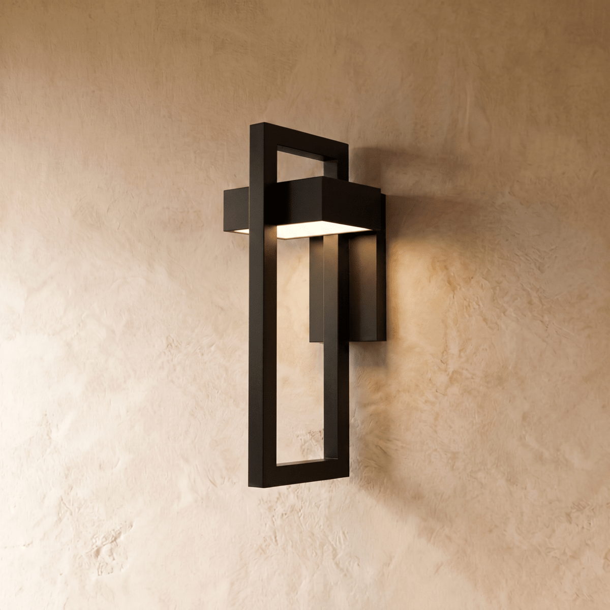 A Clérachic black steel wall light frames a white acrylic light bar within an open rectangular bracket on plaster.