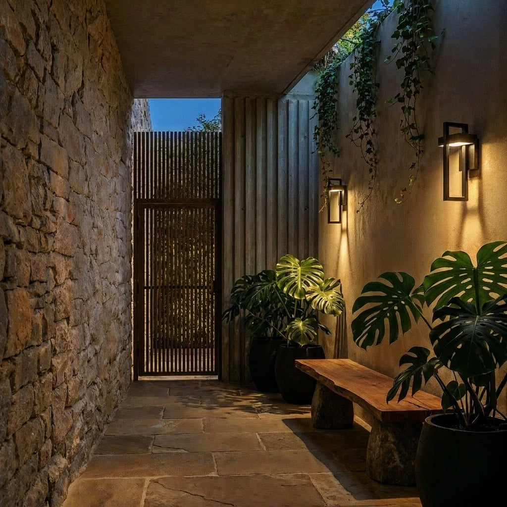 Two Clérachic steel wall lights flank a glazed door in a sunlit courtyard with terracotta chairs and greenery.