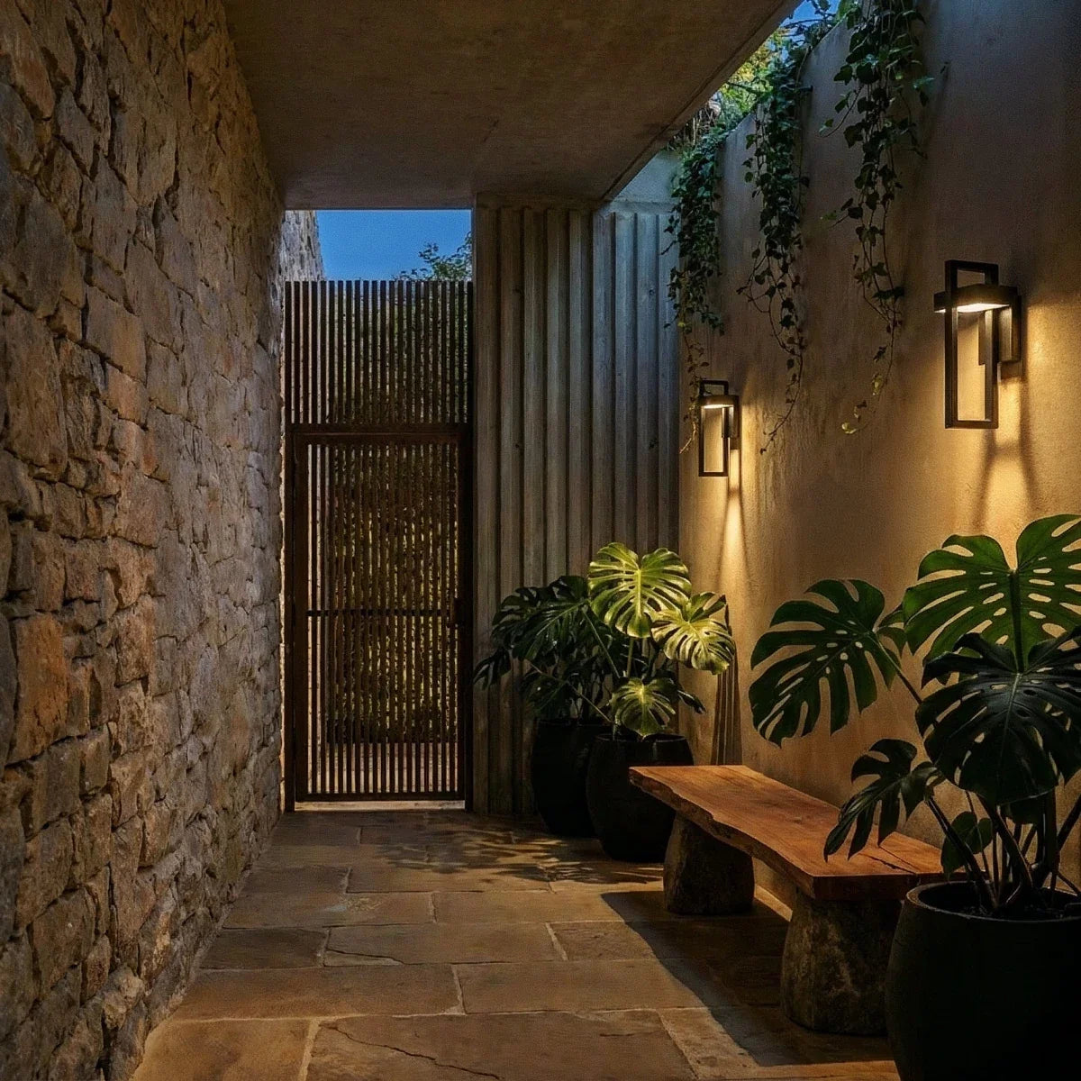 Two Clérachic steel wall lights flank a glazed door in a sunlit courtyard with terracotta chairs and greenery.