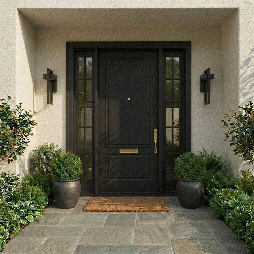 Two Clérachic steel wall lights sit in a recessed stucco entry alcove beside a glazed black door in daylight.