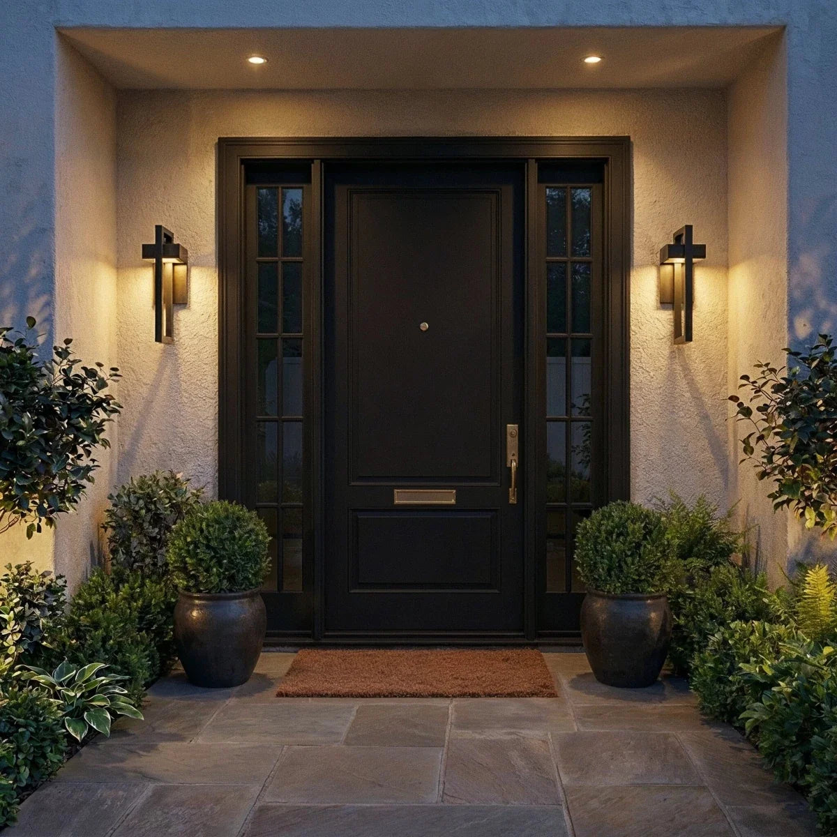 At night, the recessed entry alcove glows as both Clérachic steel wall lights frame the glazed black door.