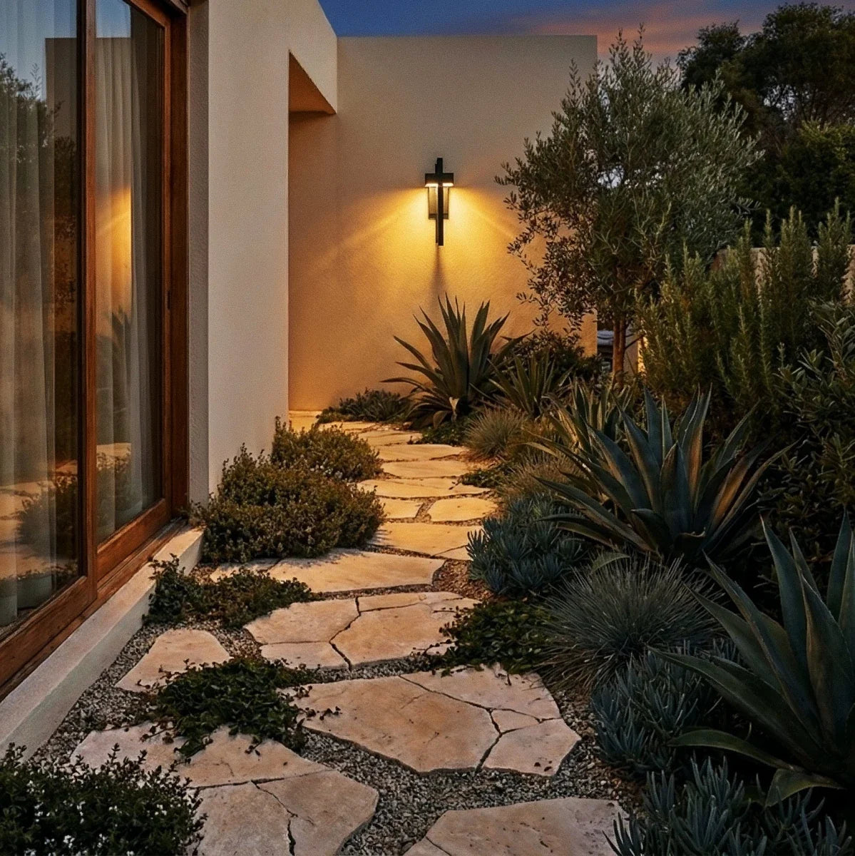 A Clérachic steel wall light lines a stone garden path at dusk, agave and olive trees silhouetted nearby.