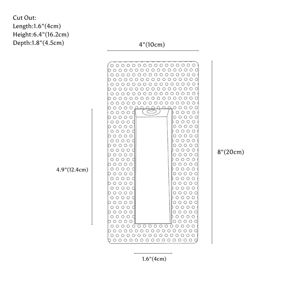 Clérachic wall light dimension drawing, Rectangle, every measurement marked in centimetres and inches.