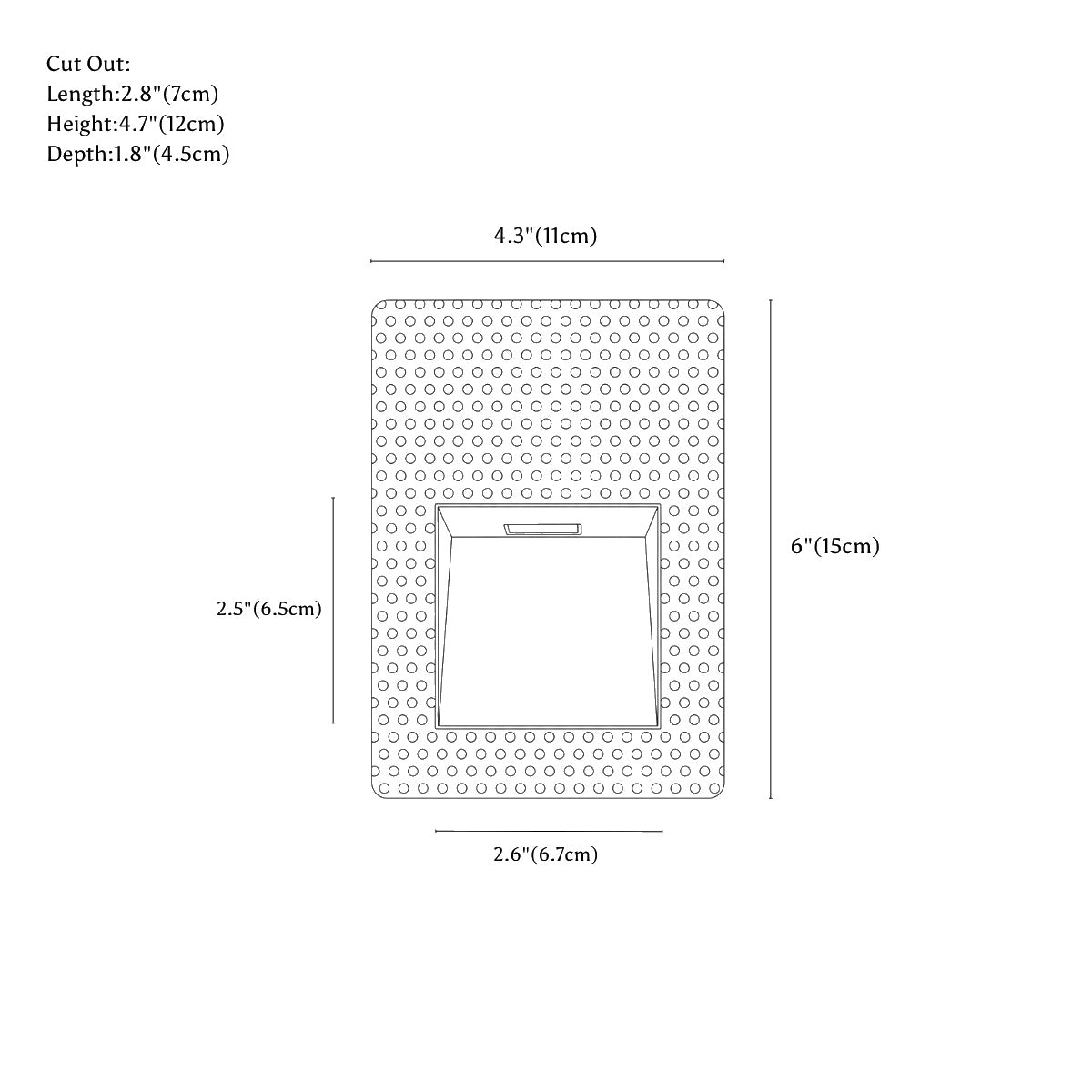 Clérachic wall light dimension drawing, Square, every measurement marked in centimetres and inches.