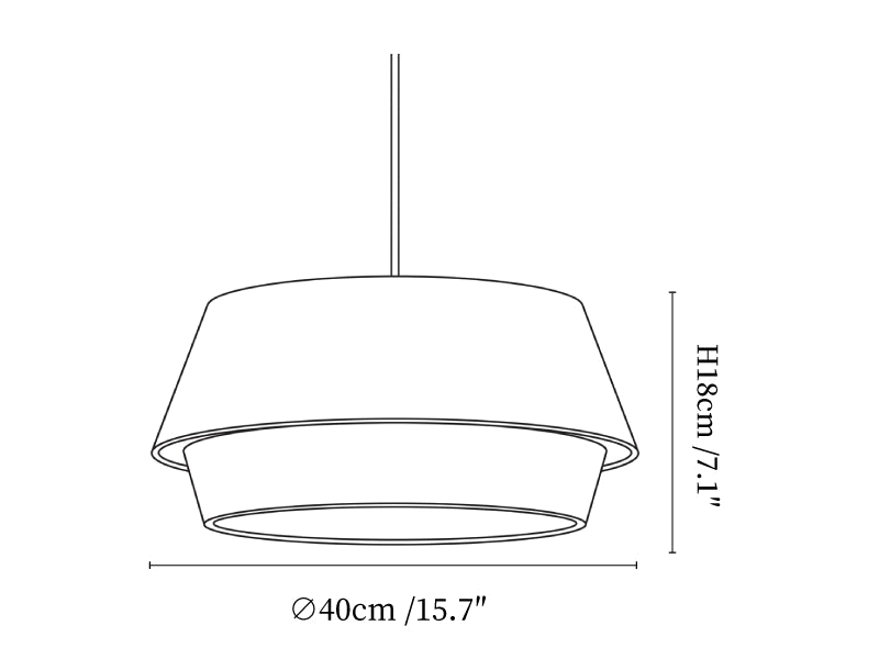 Clérachic pendant light dimension drawing, 1 of 3, every measurement marked in centimetres and inches.
